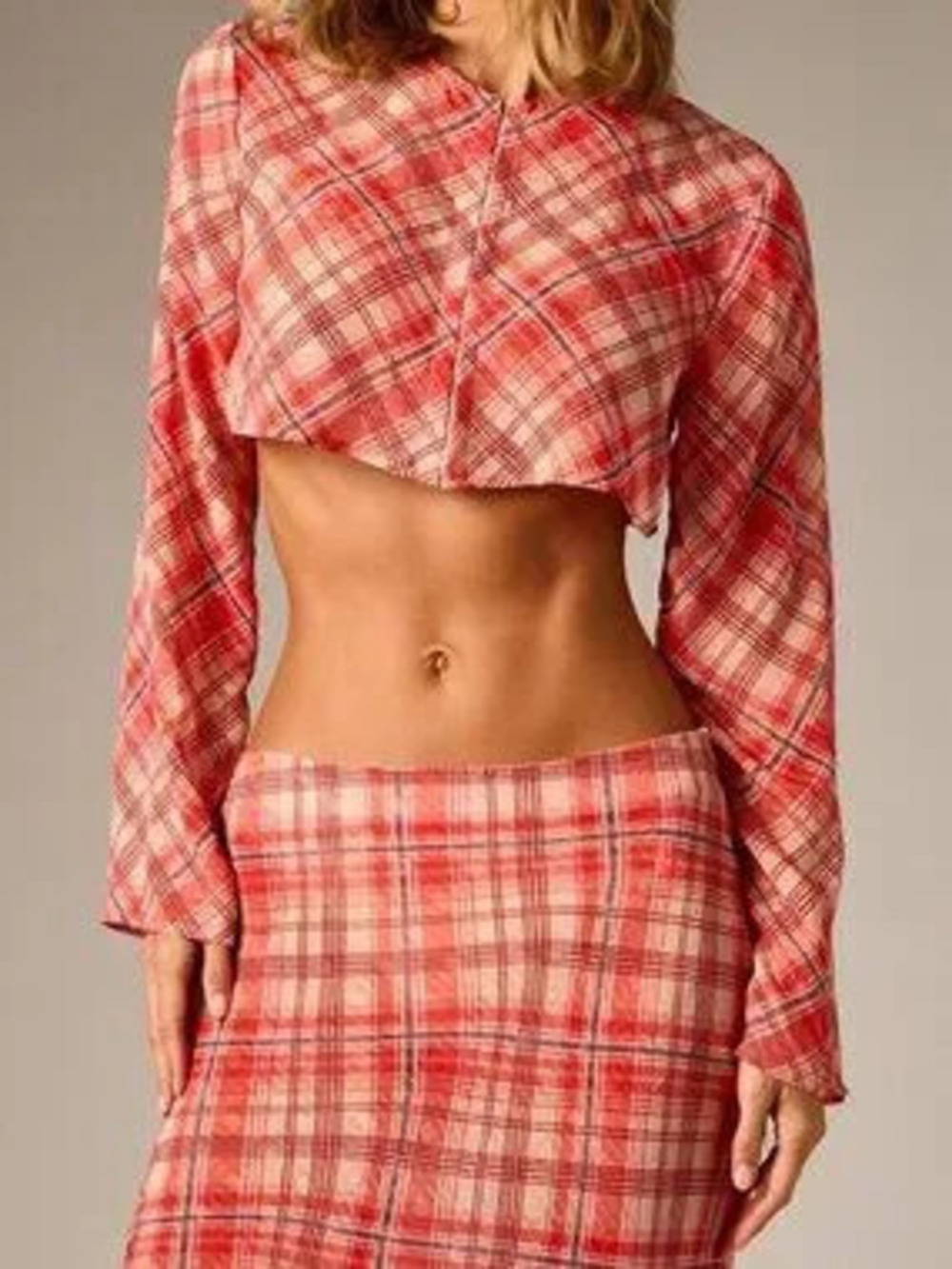 ZARA Multicolor Elegant Women's Plaid Co-Ord Set Crop Blouse With Bell Sleeves - Picture 3 of 5